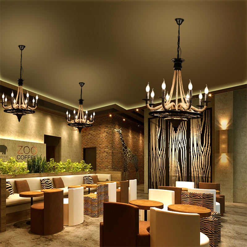 6 Bulb Chandelier Pendant Light Vintage Wagon Wheel Metal Hanging Lamp with Rope Detail in Black Clearhalo 'Ceiling Lights' 'Chandeliers' 'Industrial Chandeliers' 'Industrial' 'Middle Century Chandeliers' 'Tiffany' Lighting' 163113