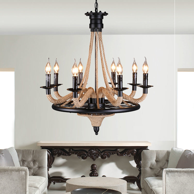 6 Bulb Chandelier Pendant Light Vintage Wagon Wheel Metal Hanging Lamp with Rope Detail in Black Black A Clearhalo 'Ceiling Lights' 'Chandeliers' 'Industrial Chandeliers' 'Industrial' 'Middle Century Chandeliers' 'Tiffany' Lighting' 163114