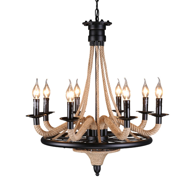 6 Bulb Chandelier Pendant Light Vintage Wagon Wheel Metal Hanging Lamp with Rope Detail in Black Clearhalo 'Ceiling Lights' 'Chandeliers' 'Industrial Chandeliers' 'Industrial' 'Middle Century Chandeliers' 'Tiffany' Lighting' 163115