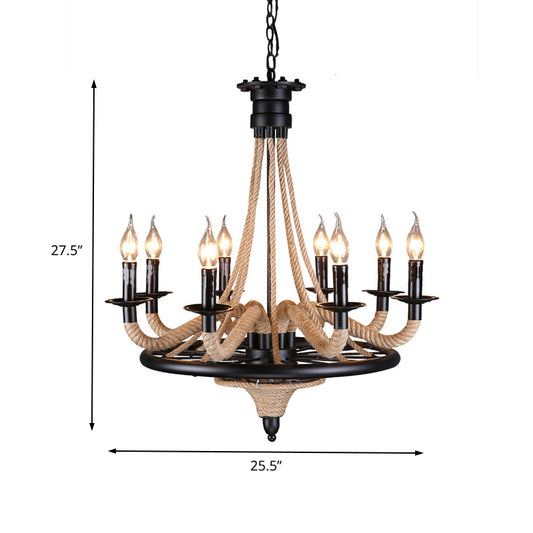 6 Bulb Chandelier Pendant Light Vintage Wagon Wheel Metal Hanging Lamp with Rope Detail in Black Clearhalo 'Ceiling Lights' 'Chandeliers' 'Industrial Chandeliers' 'Industrial' 'Middle Century Chandeliers' 'Tiffany' Lighting' 163116
