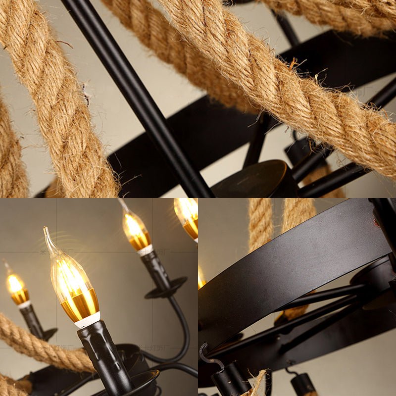 6 Bulb Chandelier Pendant Light Vintage Wagon Wheel Metal Hanging Lamp with Rope Detail in Black Clearhalo 'Ceiling Lights' 'Chandeliers' 'Industrial Chandeliers' 'Industrial' 'Middle Century Chandeliers' 'Tiffany' Lighting' 163117
