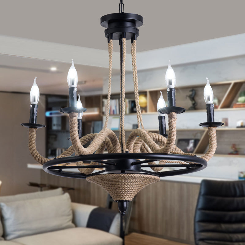 6 Bulb Chandelier Pendant Light Vintage Wagon Wheel Metal Hanging Lamp with Rope Detail in Black Black B Clearhalo 'Ceiling Lights' 'Chandeliers' 'Industrial Chandeliers' 'Industrial' 'Middle Century Chandeliers' 'Tiffany' Lighting' 163118