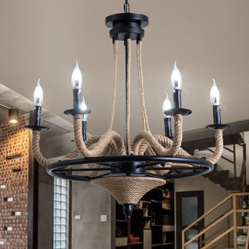 6 Bulb Chandelier Pendant Light Vintage Wagon Wheel Metal Hanging Lamp with Rope Detail in Black Clearhalo 'Ceiling Lights' 'Chandeliers' 'Industrial Chandeliers' 'Industrial' 'Middle Century Chandeliers' 'Tiffany' Lighting' 163119
