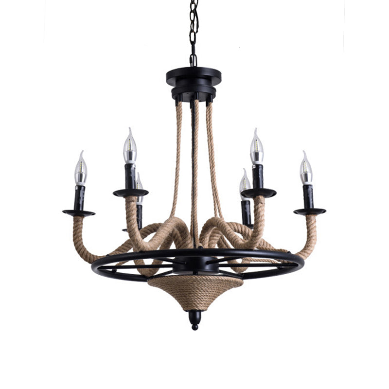 6 Bulb Chandelier Pendant Light Vintage Wagon Wheel Metal Hanging Lamp with Rope Detail in Black Clearhalo 'Ceiling Lights' 'Chandeliers' 'Industrial Chandeliers' 'Industrial' 'Middle Century Chandeliers' 'Tiffany' Lighting' 163120