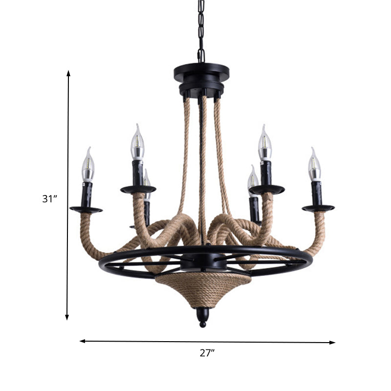 6 Bulb Chandelier Pendant Light Vintage Wagon Wheel Metal Hanging Lamp with Rope Detail in Black Clearhalo 'Ceiling Lights' 'Chandeliers' 'Industrial Chandeliers' 'Industrial' 'Middle Century Chandeliers' 'Tiffany' Lighting' 163121