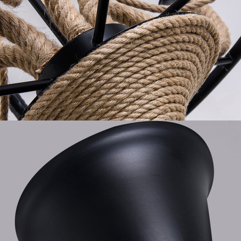 6 Bulb Chandelier Pendant Light Vintage Wagon Wheel Metal Hanging Lamp with Rope Detail in Black Clearhalo 'Ceiling Lights' 'Chandeliers' 'Industrial Chandeliers' 'Industrial' 'Middle Century Chandeliers' 'Tiffany' Lighting' 163122