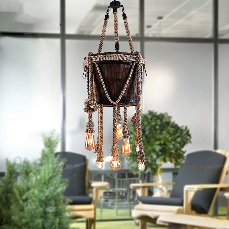 Bucket Wood Hanging Lamp Six-light Antique Chandeliers with Hemp Rope in Brown for Balcony Brown Clearhalo 'Ceiling Lights' 'Chandeliers' 'Industrial Chandeliers' 'Industrial' 'Middle Century Chandeliers' 'Tiffany' Lighting' 163127
