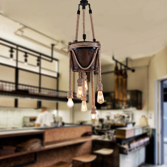 Bucket Wood Hanging Lamp Six-light Antique Chandeliers with Hemp Rope in Brown for Balcony Clearhalo 'Ceiling Lights' 'Chandeliers' 'Industrial Chandeliers' 'Industrial' 'Middle Century Chandeliers' 'Tiffany' Lighting' 163128