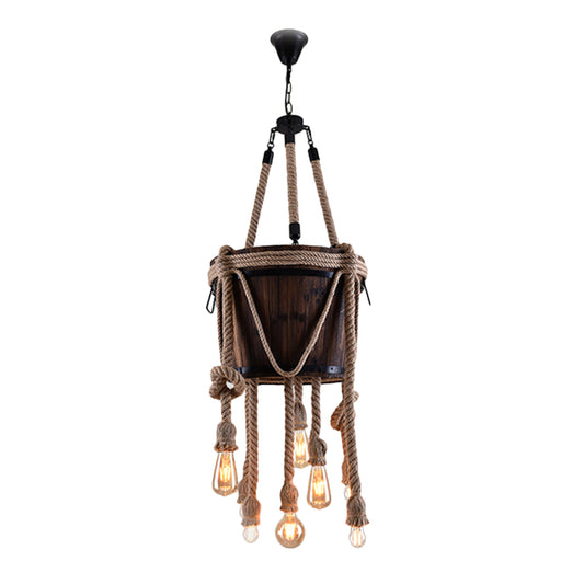 Bucket Wood Hanging Lamp Six-light Antique Chandeliers with Hemp Rope in Brown for Balcony Clearhalo 'Ceiling Lights' 'Chandeliers' 'Industrial Chandeliers' 'Industrial' 'Middle Century Chandeliers' 'Tiffany' Lighting' 163129