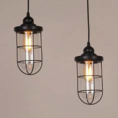 2/3 Bulbs Caged Multiple Lamp Pendant Industrial Black Clear Glass Hanging Light Kit, Linear/Round Canopy 2 Black Linear Clearhalo 'Ceiling Lights' 'Glass shade' 'Glass' 'Industrial Pendants' 'Industrial' 'Middle Century Pendants' 'Pendant Lights' 'Pendants' 'Tiffany' Lighting' 16313
