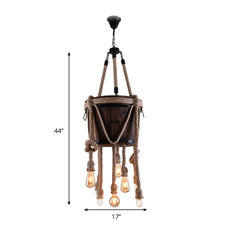 Bucket Wood Hanging Lamp Six-light Antique Chandeliers with Hemp Rope in Brown for Balcony Clearhalo 'Ceiling Lights' 'Chandeliers' 'Industrial Chandeliers' 'Industrial' 'Middle Century Chandeliers' 'Tiffany' Lighting' 163130