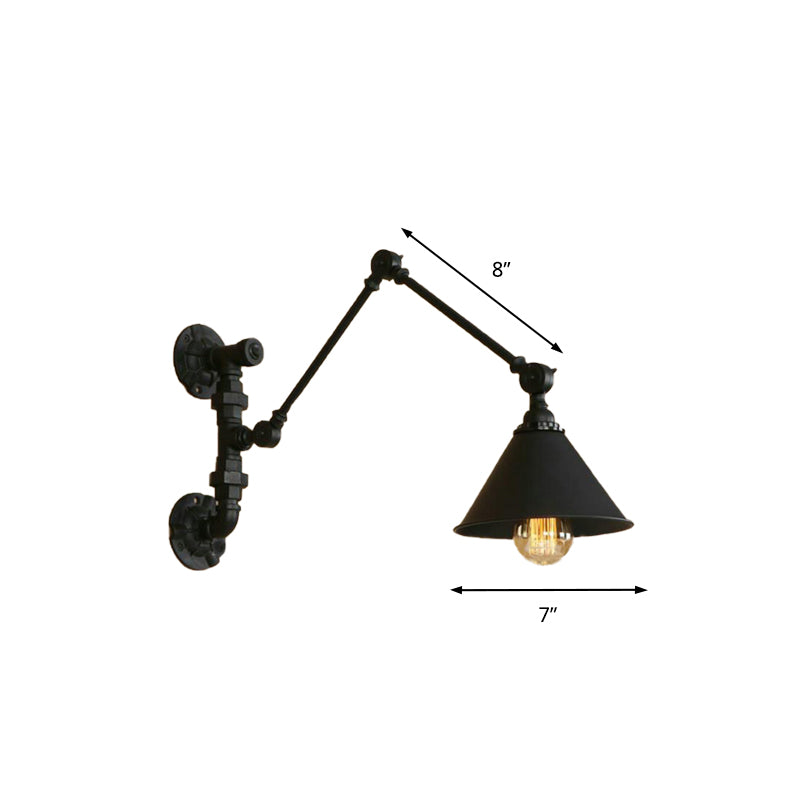 Swing Arm Bedroom Wall Sconce Industrial Metal 1 Light Black Wall Mount Light with Cone Shade, 7"/8.5" Wide Clearhalo 'Art deco wall lights' 'Cast Iron' 'Glass' 'Industrial wall lights' 'Industrial' 'Middle century wall lights' 'Modern' 'Rustic wall lights' 'Tiffany' 'Traditional wall lights' 'Wall Lamps & Sconces' 'Wall Lights' Lighting' 163139
