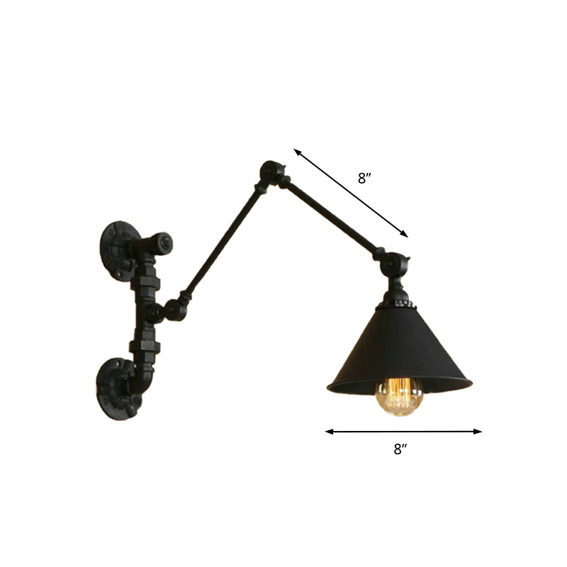 Swing Arm Bedroom Wall Sconce Industrial Metal 1 Light Black Wall Mount Light with Cone Shade, 7"/8.5" Wide Clearhalo 'Art deco wall lights' 'Cast Iron' 'Glass' 'Industrial wall lights' 'Industrial' 'Middle century wall lights' 'Modern' 'Rustic wall lights' 'Tiffany' 'Traditional wall lights' 'Wall Lamps & Sconces' 'Wall Lights' Lighting' 163140