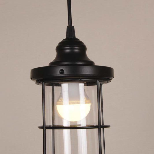 2/3 Bulbs Caged Multiple Lamp Pendant Industrial Black Clear Glass Hanging Light Kit, Linear/Round Canopy Clearhalo 'Ceiling Lights' 'Glass shade' 'Glass' 'Industrial Pendants' 'Industrial' 'Middle Century Pendants' 'Pendant Lights' 'Pendants' 'Tiffany' Lighting' 16314