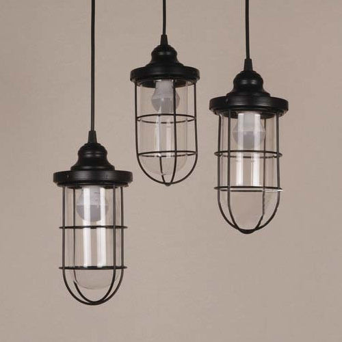 2/3 Bulbs Caged Multiple Lamp Pendant Industrial Black Clear Glass Hanging Light Kit, Linear/Round Canopy Clearhalo 'Ceiling Lights' 'Glass shade' 'Glass' 'Industrial Pendants' 'Industrial' 'Middle Century Pendants' 'Pendant Lights' 'Pendants' 'Tiffany' Lighting' 16316