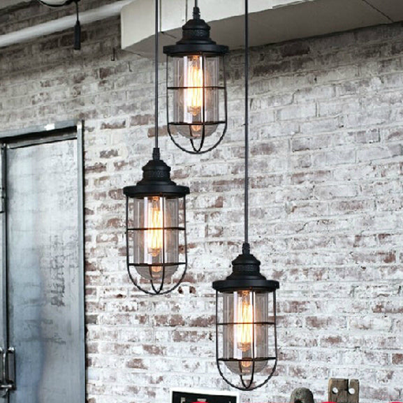 2/3 Bulbs Caged Multiple Lamp Pendant Industrial Black Clear Glass Hanging Light Kit, Linear/Round Canopy 3 Black Round Clearhalo 'Ceiling Lights' 'Glass shade' 'Glass' 'Industrial Pendants' 'Industrial' 'Middle Century Pendants' 'Pendant Lights' 'Pendants' 'Tiffany' Lighting' 16317