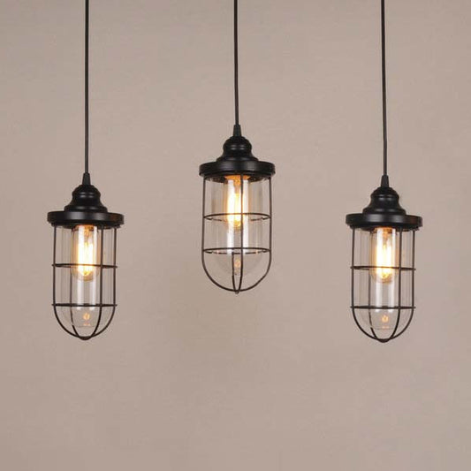2/3 Bulbs Caged Multiple Lamp Pendant Industrial Black Clear Glass Hanging Light Kit, Linear/Round Canopy 3 Black Linear Clearhalo 'Ceiling Lights' 'Glass shade' 'Glass' 'Industrial Pendants' 'Industrial' 'Middle Century Pendants' 'Pendant Lights' 'Pendants' 'Tiffany' Lighting' 16318