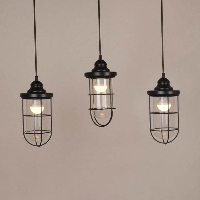 2/3 Bulbs Caged Multiple Lamp Pendant Industrial Black Clear Glass Hanging Light Kit, Linear/Round Canopy Clearhalo 'Ceiling Lights' 'Glass shade' 'Glass' 'Industrial Pendants' 'Industrial' 'Middle Century Pendants' 'Pendant Lights' 'Pendants' 'Tiffany' Lighting' 16319