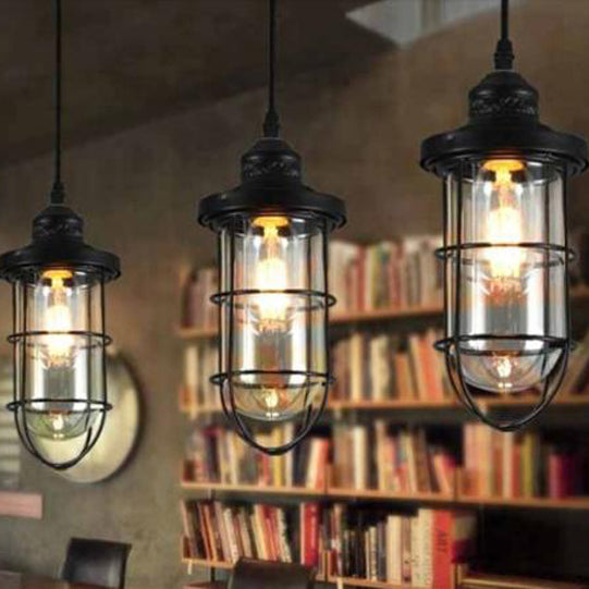 2/3 Bulbs Caged Multiple Lamp Pendant Industrial Black Clear Glass Hanging Light Kit, Linear/Round Canopy Clearhalo 'Ceiling Lights' 'Glass shade' 'Glass' 'Industrial Pendants' 'Industrial' 'Middle Century Pendants' 'Pendant Lights' 'Pendants' 'Tiffany' Lighting' 16320