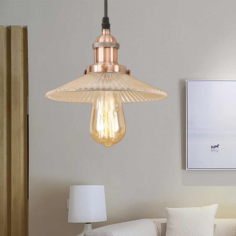 1-Light Cone Pendant Lighting Factory Brass/Copper Ribbed Glass Hanging Light Fixture for Dining Room Copper Clearhalo 'Ceiling Lights' 'Glass shade' 'Glass' 'Industrial Pendants' 'Industrial' 'Middle Century Pendants' 'Pendant Lights' 'Pendants' 'Tiffany' Lighting' 163216