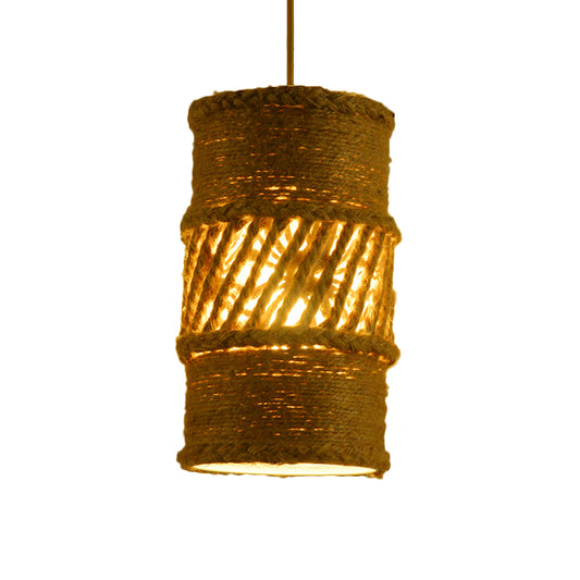 1 Bulb Hanging Lamp Farmhouse Style Cylindrical Rope Ceiling Lamp in Beige for Restaurant Beige Clearhalo 'Ceiling Lights' 'Industrial Pendants' 'Industrial' 'Middle Century Pendants' 'Pendant Lights' 'Pendants' 'Tiffany' Lighting' 163221