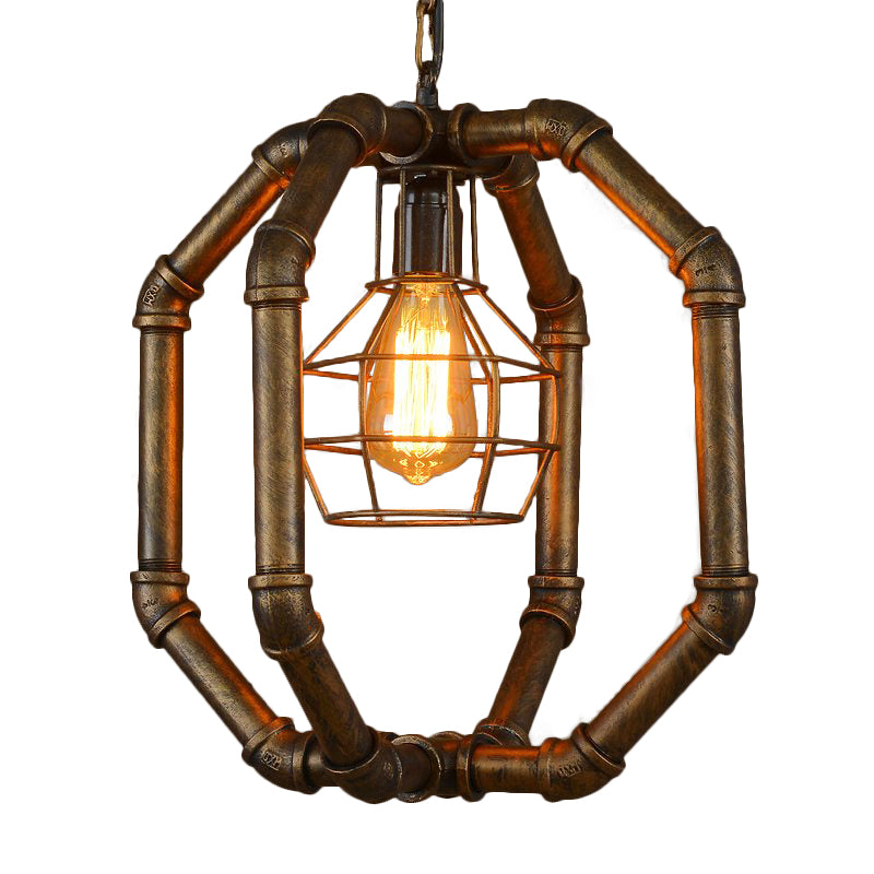 1 Bulb Metal Hanging Lamp Farmhouse Style Brass Water Pipe Restaurant Ceiling Fixture with Inner Dome Cage Shade Clearhalo 'Art Deco Pendants' 'Cast Iron' 'Ceiling Lights' 'Ceramic' 'Crystal' 'Industrial Pendants' 'Industrial' 'Metal' 'Middle Century Pendants' 'Pendant Lights' 'Pendants' 'Tiffany' Lighting' 163239