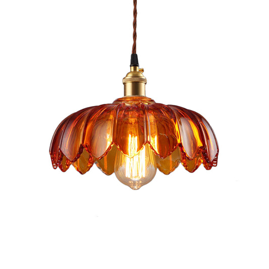 Scalloped Pendant Lighting Corridor Amber Glass Single Bulb Vintage Hanging Light, 8"/10"/12" Wide Clearhalo 'Ceiling Lights' 'Glass shade' 'Glass' 'Industrial Pendants' 'Industrial' 'Middle Century Pendants' 'Pendant Lights' 'Pendants' 'Tiffany' Lighting' 163256