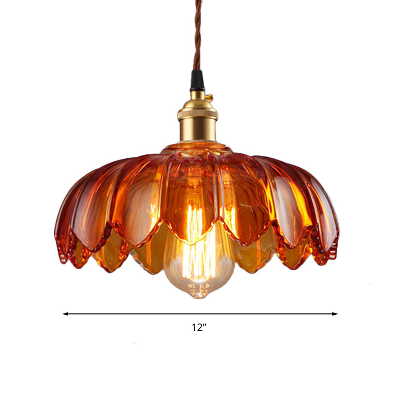 Scalloped Pendant Lighting Corridor Amber Glass Single Bulb Vintage Hanging Light, 8"/10"/12" Wide Clearhalo 'Ceiling Lights' 'Glass shade' 'Glass' 'Industrial Pendants' 'Industrial' 'Middle Century Pendants' 'Pendant Lights' 'Pendants' 'Tiffany' Lighting' 163257