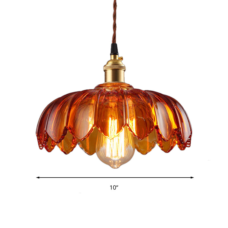 Scalloped Pendant Lighting Corridor Amber Glass Single Bulb Vintage Hanging Light, 8"/10"/12" Wide Clearhalo 'Ceiling Lights' 'Glass shade' 'Glass' 'Industrial Pendants' 'Industrial' 'Middle Century Pendants' 'Pendant Lights' 'Pendants' 'Tiffany' Lighting' 163258