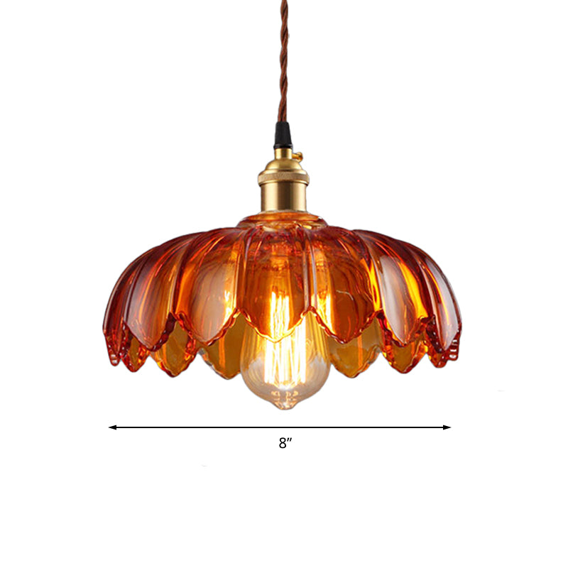 Scalloped Pendant Lighting Corridor Amber Glass Single Bulb Vintage Hanging Light, 8"/10"/12" Wide Clearhalo 'Ceiling Lights' 'Glass shade' 'Glass' 'Industrial Pendants' 'Industrial' 'Middle Century Pendants' 'Pendant Lights' 'Pendants' 'Tiffany' Lighting' 163259