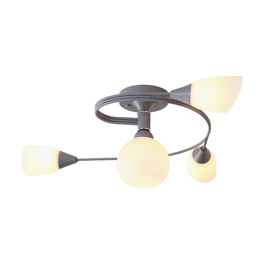 Curly Semi Flush Mount Light Nordic Iron 4/6-Head Grey/Pink/Yellow Ceiling Lamp with White Glass Shade Clearhalo 'Ceiling Lights' 'Chandeliers' 'Close To Ceiling Lights' 'Close to ceiling' 'Glass shade' 'Glass' 'Semi-flushmount' Lighting' 163319