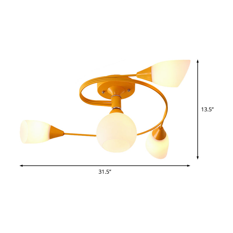 Curly Semi Flush Mount Light Nordic Iron 4/6-Head Grey/Pink/Yellow Ceiling Lamp with White Glass Shade Clearhalo 'Ceiling Lights' 'Chandeliers' 'Close To Ceiling Lights' 'Close to ceiling' 'Glass shade' 'Glass' 'Semi-flushmount' Lighting' 163323