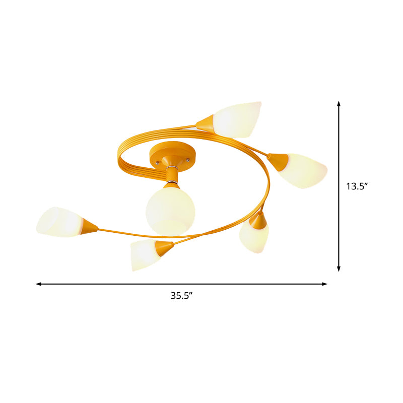 Curly Semi Flush Mount Light Nordic Iron 4/6-Head Grey/Pink/Yellow Ceiling Lamp with White Glass Shade Clearhalo 'Ceiling Lights' 'Chandeliers' 'Close To Ceiling Lights' 'Close to ceiling' 'Glass shade' 'Glass' 'Semi-flushmount' Lighting' 163340