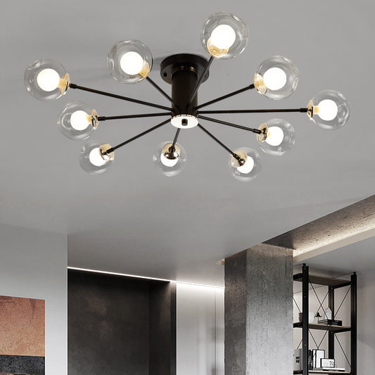 Iron Sputnik Ceiling Mounted Lamp Modern 8/10 Lights Black/White Semi Flush Pendant with Clear Glass Shade 10 Black Clearhalo 'Ceiling Lights' 'Close To Ceiling Lights' 'Close to ceiling' 'Glass shade' 'Glass' 'Semi-flushmount' Lighting' 163344