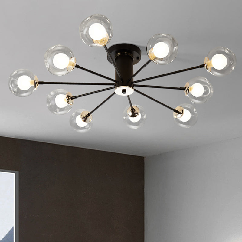 Iron Sputnik Ceiling Mounted Lamp Modern 8/10 Lights Black/White Semi Flush Pendant with Clear Glass Shade Clearhalo 'Ceiling Lights' 'Close To Ceiling Lights' 'Close to ceiling' 'Glass shade' 'Glass' 'Semi-flushmount' Lighting' 163345
