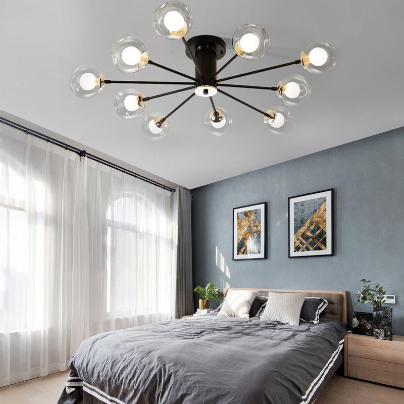 Iron Sputnik Ceiling Mounted Lamp Modern 8/10 Lights Black/White Semi Flush Pendant with Clear Glass Shade Clearhalo 'Ceiling Lights' 'Close To Ceiling Lights' 'Close to ceiling' 'Glass shade' 'Glass' 'Semi-flushmount' Lighting' 163346