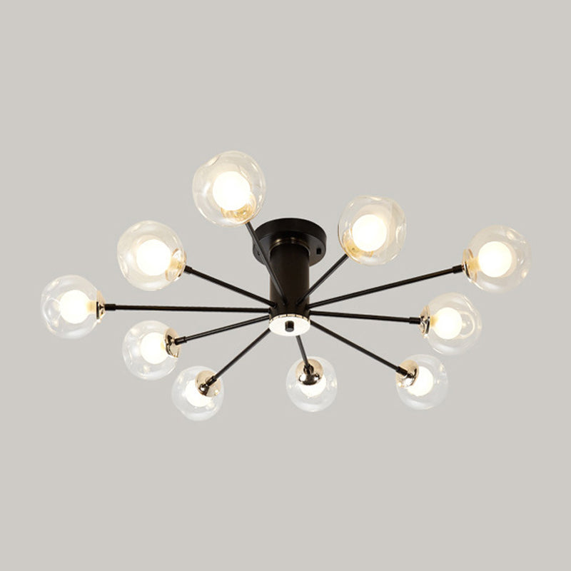 Iron Sputnik Ceiling Mounted Lamp Modern 8/10 Lights Black/White Semi Flush Pendant with Clear Glass Shade Clearhalo 'Ceiling Lights' 'Close To Ceiling Lights' 'Close to ceiling' 'Glass shade' 'Glass' 'Semi-flushmount' Lighting' 163347
