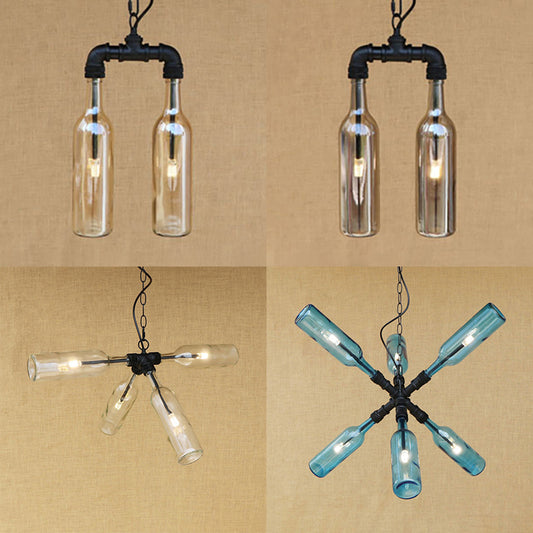 Glass Clear/Blue Pendant Light Bottle Shade 2/4/6 Lights Industrial Style Ceiling Fixture with Pipe Design in Black/Aged Brass Clearhalo 'Ceiling Lights' 'Chandeliers' 'Glass shade' 'Glass' 'Industrial Chandeliers' 'Industrial' 'Middle Century Chandeliers' 'Tiffany' Lighting' 16334