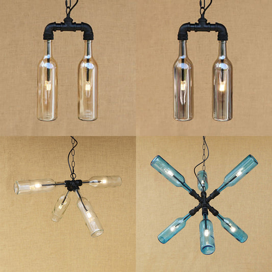 Glass Clear/Blue Pendant Light Bottle Shade 2/4/6 Lights Industrial Style Ceiling Fixture with Pipe Design in Black/Aged Brass Clearhalo 'Ceiling Lights' 'Chandeliers' 'Glass shade' 'Glass' 'Industrial Chandeliers' 'Industrial' 'Middle Century Chandeliers' 'Tiffany' Lighting' 16334