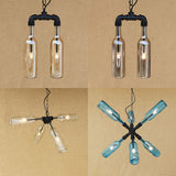 Glass Clear/Blue Pendant Light Bottle Shade 2/4/6 Lights Industrial Style Ceiling Fixture with Pipe Design in Black/Aged Brass Clearhalo 'Ceiling Lights' 'Chandeliers' 'Glass shade' 'Glass' 'Industrial Chandeliers' 'Industrial' 'Middle Century Chandeliers' 'Tiffany' Lighting' 16334