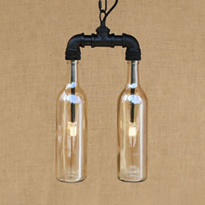 Glass Clear/Blue Pendant Light Bottle Shade 2/4/6 Lights Industrial Style Ceiling Fixture with Pipe Design in Black/Aged Brass 2 Black Amber Clearhalo 'Ceiling Lights' 'Chandeliers' 'Glass shade' 'Glass' 'Industrial Chandeliers' 'Industrial' 'Middle Century Chandeliers' 'Tiffany' Lighting' 16335