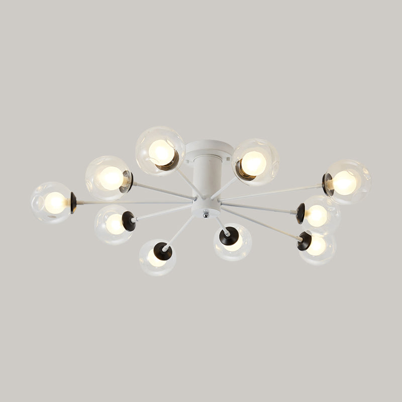 Iron Sputnik Ceiling Mounted Lamp Modern 8/10 Lights Black/White Semi Flush Pendant with Clear Glass Shade Clearhalo 'Ceiling Lights' 'Close To Ceiling Lights' 'Close to ceiling' 'Glass shade' 'Glass' 'Semi-flushmount' Lighting' 163354