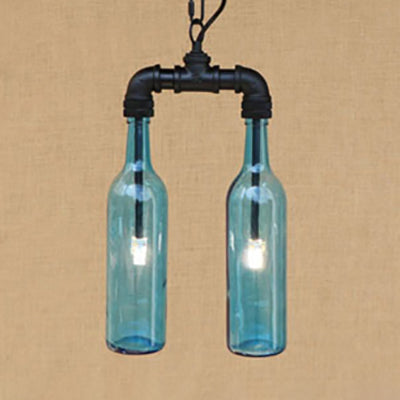 Glass Clear/Blue Pendant Light Bottle Shade 2/4/6 Lights Industrial Style Ceiling Fixture with Pipe Design in Black/Aged Brass 2 Black Blue Clearhalo 'Ceiling Lights' 'Chandeliers' 'Glass shade' 'Glass' 'Industrial Chandeliers' 'Industrial' 'Middle Century Chandeliers' 'Tiffany' Lighting' 16336
