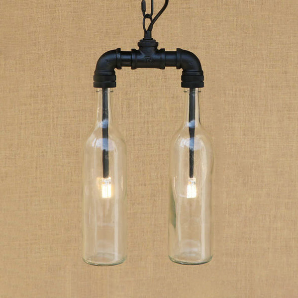 Glass Clear/Blue Pendant Light Bottle Shade 2/4/6 Lights Industrial Style Ceiling Fixture with Pipe Design in Black/Aged Brass 2 Black Clear Clearhalo 'Ceiling Lights' 'Chandeliers' 'Glass shade' 'Glass' 'Industrial Chandeliers' 'Industrial' 'Middle Century Chandeliers' 'Tiffany' Lighting' 16337