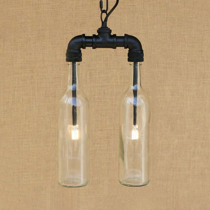 Glass Clear/Blue Pendant Light Bottle Shade 2/4/6 Lights Industrial Style Ceiling Fixture with Pipe Design in Black/Aged Brass 2 Black Clear Clearhalo 'Ceiling Lights' 'Chandeliers' 'Glass shade' 'Glass' 'Industrial Chandeliers' 'Industrial' 'Middle Century Chandeliers' 'Tiffany' Lighting' 16337