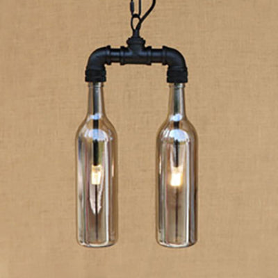 Glass Clear/Blue Pendant Light Bottle Shade 2/4/6 Lights Industrial Style Ceiling Fixture with Pipe Design in Black/Aged Brass 2 Black Smoke Grey Clearhalo 'Ceiling Lights' 'Chandeliers' 'Glass shade' 'Glass' 'Industrial Chandeliers' 'Industrial' 'Middle Century Chandeliers' 'Tiffany' Lighting' 16338