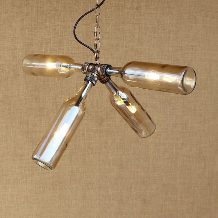 Glass Clear/Blue Pendant Light Bottle Shade 2/4/6 Lights Industrial Style Ceiling Fixture with Pipe Design in Black/Aged Brass 4 Antique Brass Amber Clearhalo 'Ceiling Lights' 'Chandeliers' 'Glass shade' 'Glass' 'Industrial Chandeliers' 'Industrial' 'Middle Century Chandeliers' 'Tiffany' Lighting' 16339