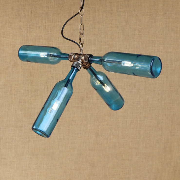 Glass Clear/Blue Pendant Light Bottle Shade 2/4/6 Lights Industrial Style Ceiling Fixture with Pipe Design in Black/Aged Brass 4 Antique Brass Blue Clearhalo 'Ceiling Lights' 'Chandeliers' 'Glass shade' 'Glass' 'Industrial Chandeliers' 'Industrial' 'Middle Century Chandeliers' 'Tiffany' Lighting' 16340