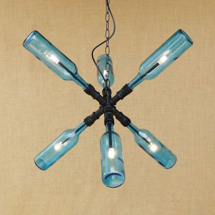 Glass Clear/Blue Pendant Light Bottle Shade 2/4/6 Lights Industrial Style Ceiling Fixture with Pipe Design in Black/Aged Brass 6 Black Blue Clearhalo 'Ceiling Lights' 'Chandeliers' 'Glass shade' 'Glass' 'Industrial Chandeliers' 'Industrial' 'Middle Century Chandeliers' 'Tiffany' Lighting' 16344