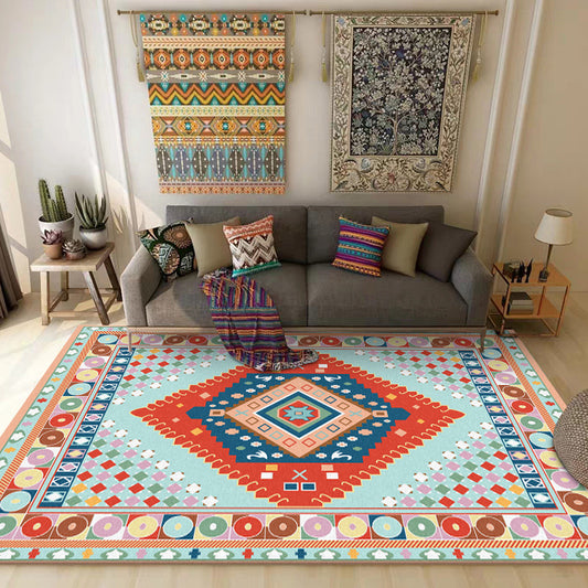 Blue and Orange Bedroom Rug Moroccan Medallion Circle Diamond Pattern Area Rug Polyester Anti-Slip Washable Carpet Yellow-Red Clearhalo 'Area Rug' 'Moroccan' 'Rugs' Rug' 1634494